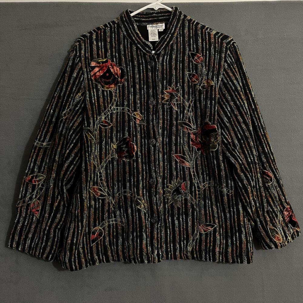 Coldwater Creek Jacket Womens L Velvet Floral Chunky Textured Stripe Buttons